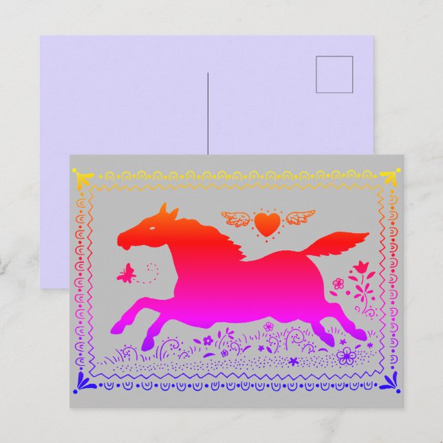 PRIMITIVE FOLK ART RUNNING HORSE EQUINE SILHOUETTE POSTCARD (Front/Back)