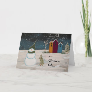 Primitive Folk Art Snowman and Colourful Houses Holiday Card