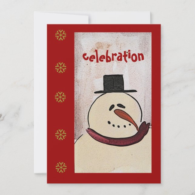 Primitive Folk Art Snowman Holiday Party Invitation (Front)