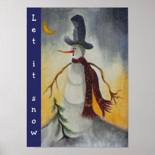 Primitive Folk Art Snowman Poster