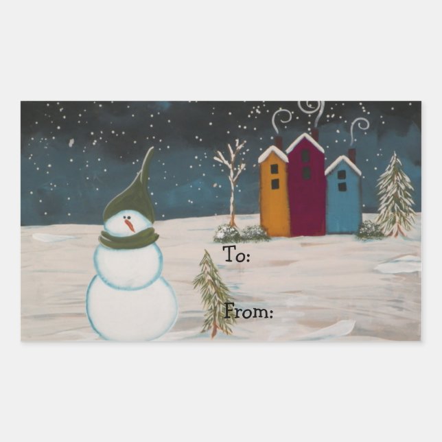 Primitive Folk Art Snowman Snow Scene Sticker (Front)