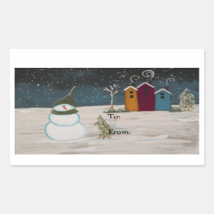 Primitive Folk Art Snowman Snow Scene Sticker