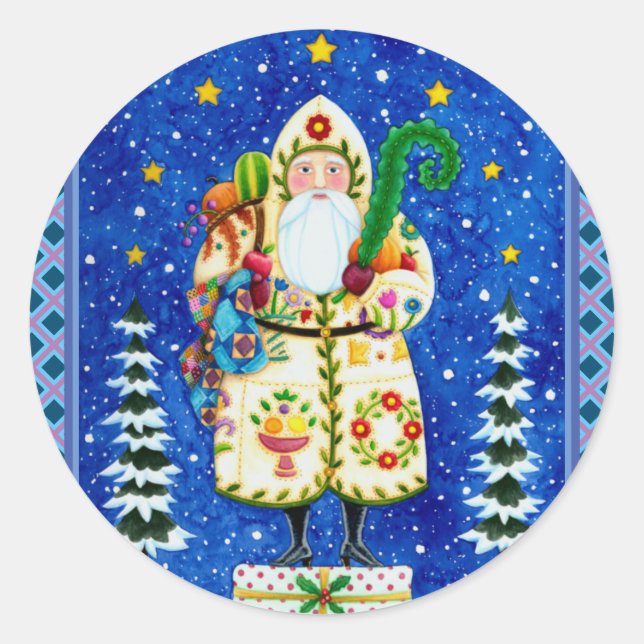PRIMITIVE FOLKART BALTIMORE QUILT FATHER CHRISTMAS CLASSIC ROUND STICKER (Front)