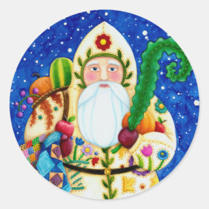 PRIMITIVE FOLKART BALTIMORE QUILT FATHER CHRISTMAS CLASSIC ROUND STICKER