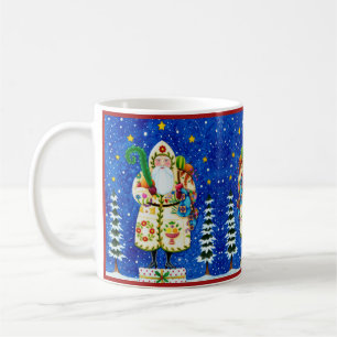 PRIMITIVE FOLKART BALTIMORE QUILT FATHER CHRISTMAS COFFEE MUG