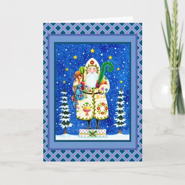 PRIMITIVE FOLKART BALTIMORE QUILT FATHER CHRISTMAS HOLIDAY CARD (Front)