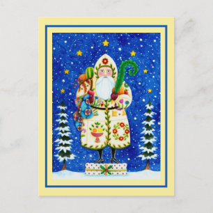 PRIMITIVE FOLKART BALTIMORE QUILT FATHER CHRISTMAS HOLIDAY POSTCARD