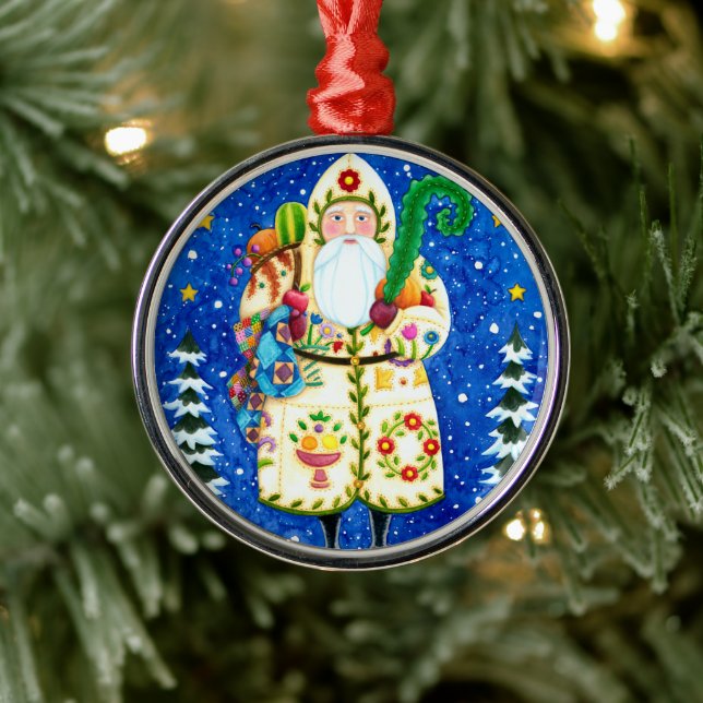 PRIMITIVE FOLKART BALTIMORE QUILT FATHER CHRISTMAS METAL ORNAMENT (Tree)