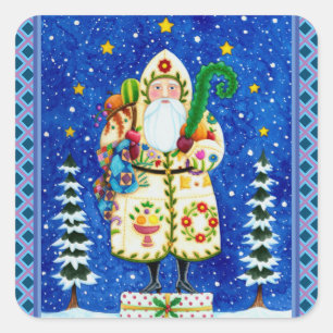 PRIMITIVE FOLKART BALTIMORE QUILT FATHER CHRISTMAS SQUARE STICKER