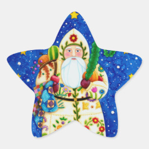 PRIMITIVE FOLKART BALTIMORE QUILT FATHER CHRISTMAS STAR STICKER