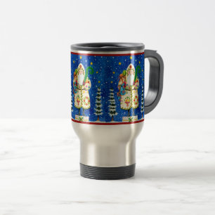 PRIMITIVE FOLKART BALTIMORE QUILT FATHER CHRISTMAS TRAVEL MUG