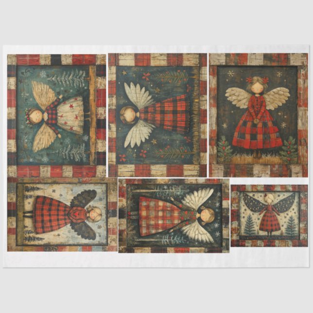 Primitive Folkart Christmas Angels Tissue Paper (Front)