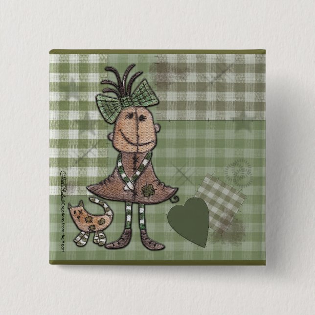 Primitive Girl and Cats 2 Inch Square Button (Front)