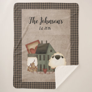 Primitive Green Saltbox Home With Sheep   Sherpa Blanket