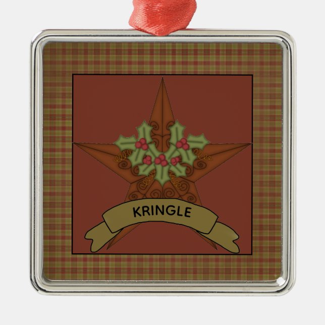 Primitive Homespun Personalized Star Metal Ornament (Front)