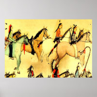 Primitive Indians Horses Vintage Folk Art Drawing