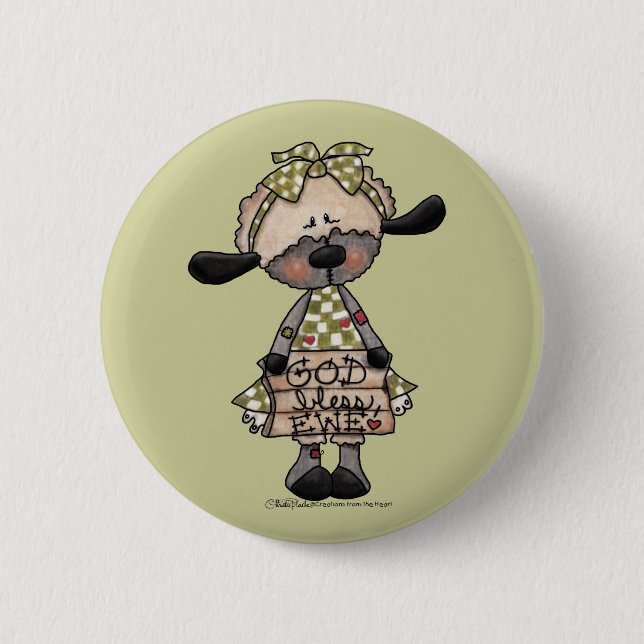 Primitive Lamb-God Bless Ewe 2 Inch Round Button (Front)