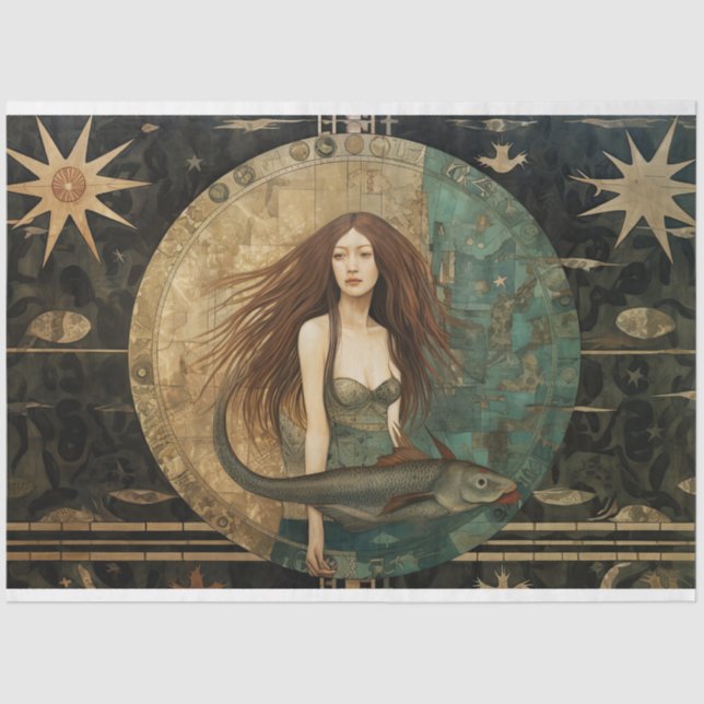 Primitive Mermaid With Fish Celestial Decoupage    Tissue Paper (Front)