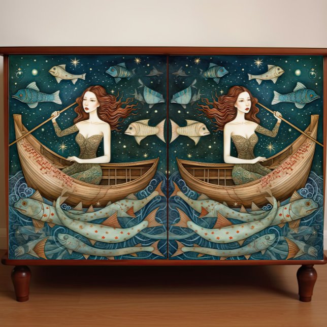 Primitive Mermaid With Fish Painting Decoupage  Tissue Paper (Creator Uploaded)