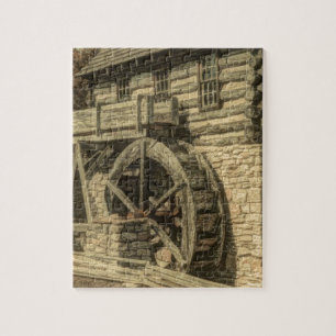 Primitive old farmhouse flour mill water wheel jigsaw puzzle