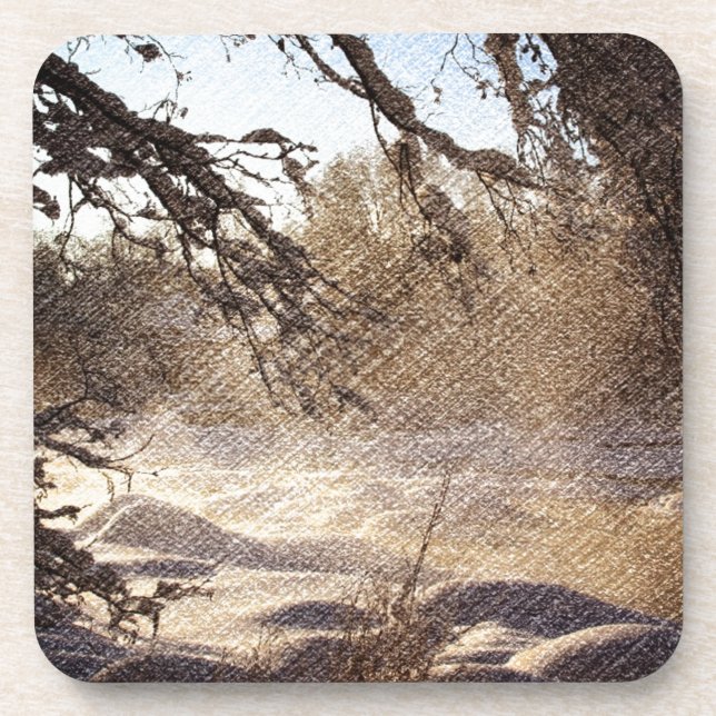 Primitive Pine Tree Woodland Winter Forest Coaster (Front)