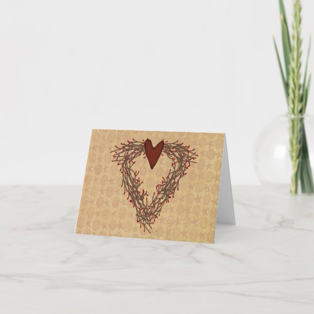 Primitive Pip Berry Heart Wreath Note Card (Front)