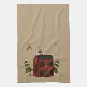 Primitive Red Colonial in the Snow Kitchen Towel