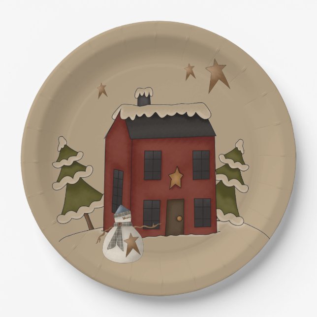 Primitive Red Colonial With Snowman Paper Plate (Front)