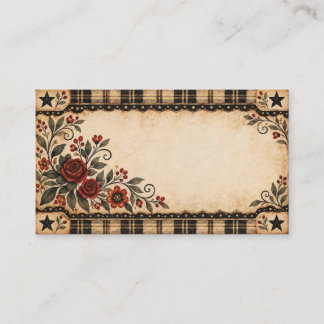 Primitive Red Rose & Black Plaid Business Card
