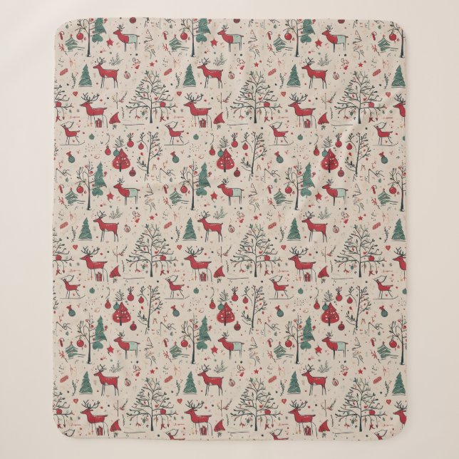 Primitive Reindeer Christmas Blanket | Folk Art  (Front)