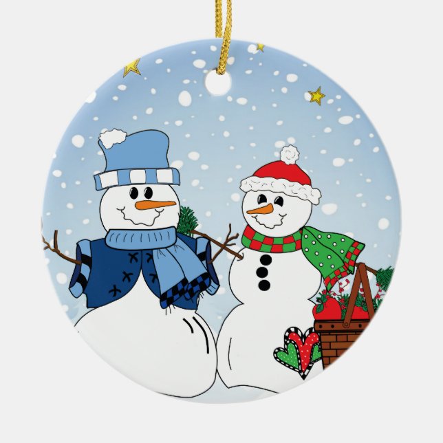 Primitive Snow Couple Ceramic Ornament (Front)