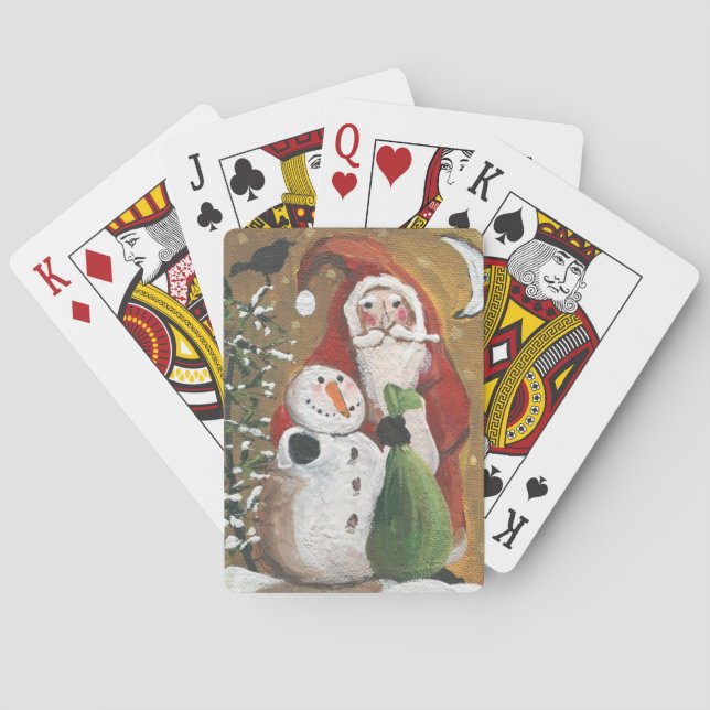Primitive Snowman and Santa Claus Playing Cards (Back)