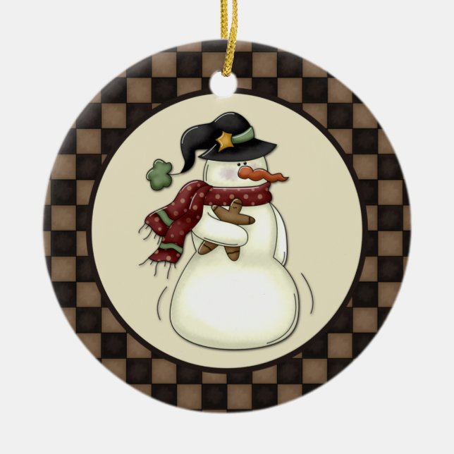 Primitive Snowman Gingerbread Man Ceramic Ornament (Front)