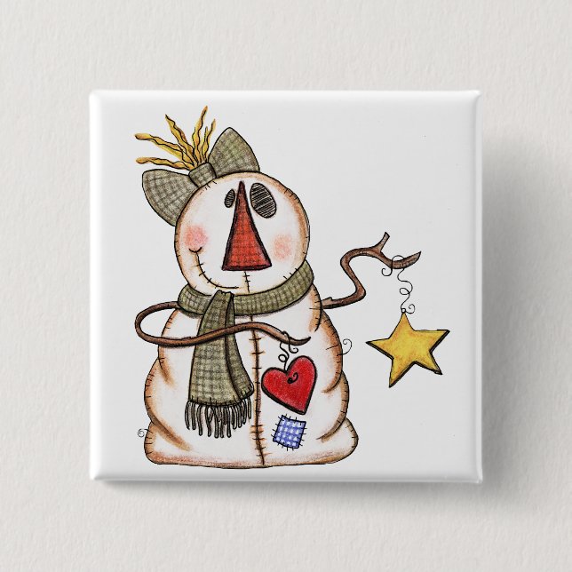Primitive Snowman with Heart and Star 2 Inch Square Button (Front)