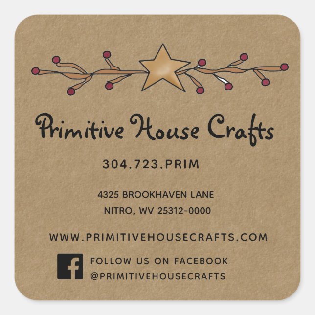 PRIMITIVE STAR & BERRIES ON KRAFT SQUARE SQUARE STICKER (Front)
