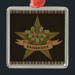 Primitive Star & Berries Personalized Christmas Metal Ornament<br><div class="desc">A folksy primitive star is decorated with holly and berries and finished with your name or family name. Brown burlap in the centre and a brown homespun border. Perfect for your primitive Christmas tree. Part of a collection.</div>