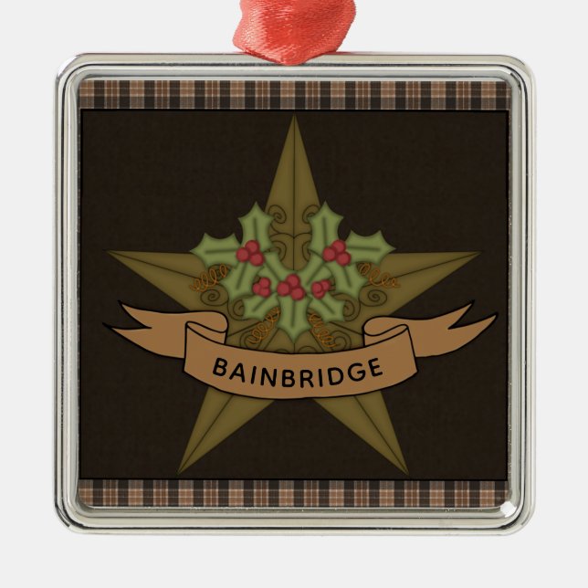 Primitive Star & Berries Personalized Christmas Metal Ornament (Front)