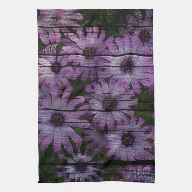 Primitive Western Country Barn plank purple daisy Kitchen Towel (Vertical)