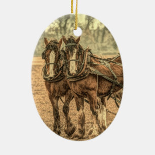 Primitive Western country farm horses Ceramic Ornament