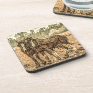 Primitive Western country farm horses Coaster
