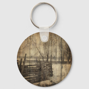 Primitive western country fence farm landscape keychain
