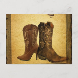 primitive western country horseshoe cowboy boots postcard