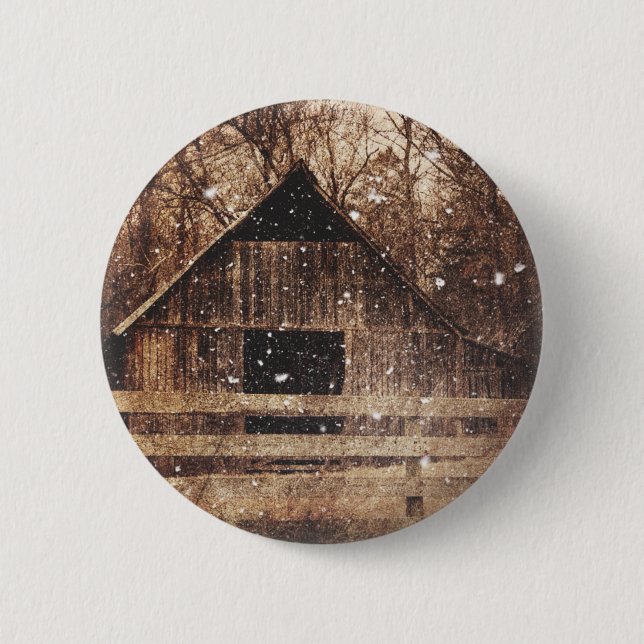 Primitive Winter Snow Country Rural Old Barn 2 Inch Round Button (Front)
