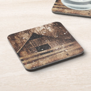Primitive Winter Snow Country Rural Old Barn Coaster