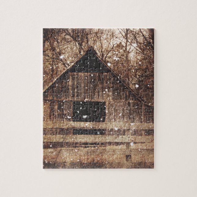 Primitive Winter Snow Country Rural Old Barn Jigsaw Puzzle (Vertical)