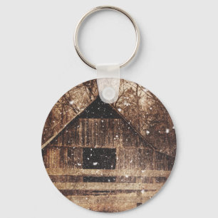 Primitive Winter Snow Country Rural Old Barn Keychain