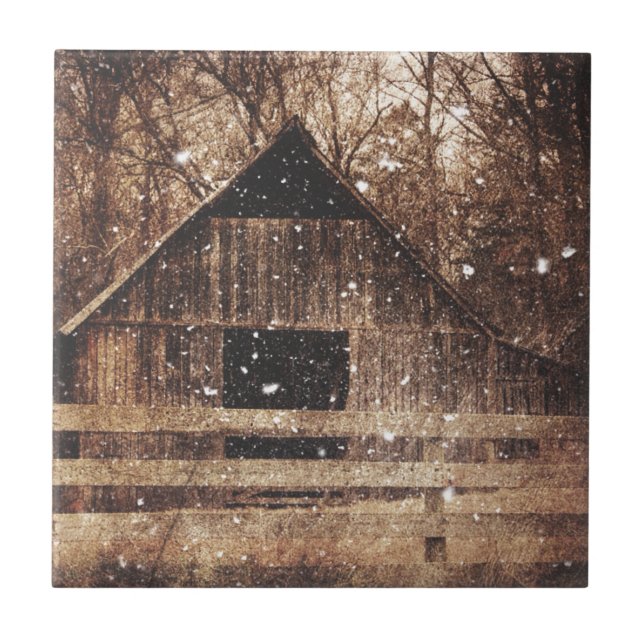 Primitive Winter Snow Country Rural Old Barn Tile (Front)
