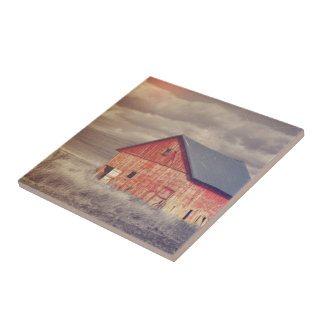 Primitive Wood Western Country farm Red Barn Tile