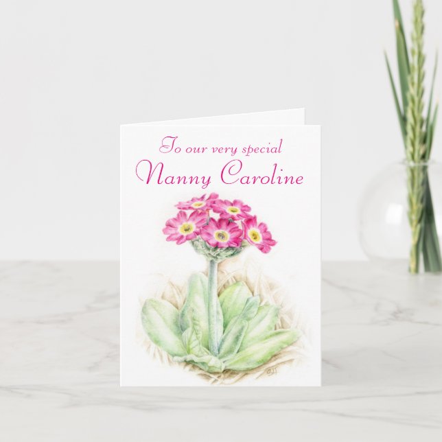 Primrose floral pink nanny birthday card (Front)