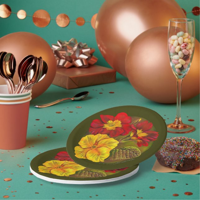 Primrose Yellow red green fine art spring painting Paper Plate (Multi)